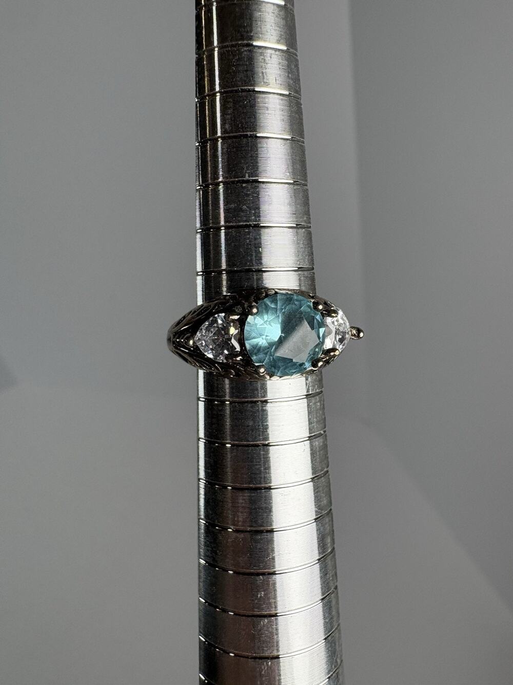 Vintage 925 Sterling Silver Aqua Blue Clear Stone Ring Size 5.5 Filigree Jewelry